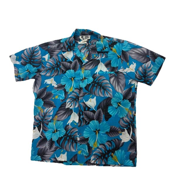 Hilo Hattie VTG Mens L Blue Floral Hawaiian Short Sleeve Shirt Aloha - Picture 1 of 6
